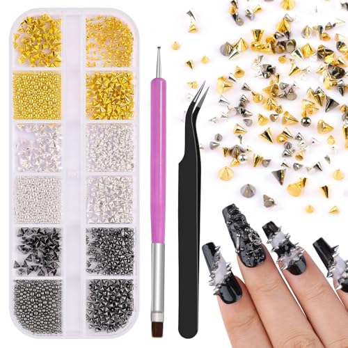 3D Mini Metal Punk Nail Art Studs, Mixed Sizes Gold Silver Black Alloy Cone Spikes Rivets Steel Beads Balls Goth Nail Charms with Tweezers & Dual-end Brush for Nails DIY Crafts Decorations (17-K1) - color: 17-K1-punk-metal