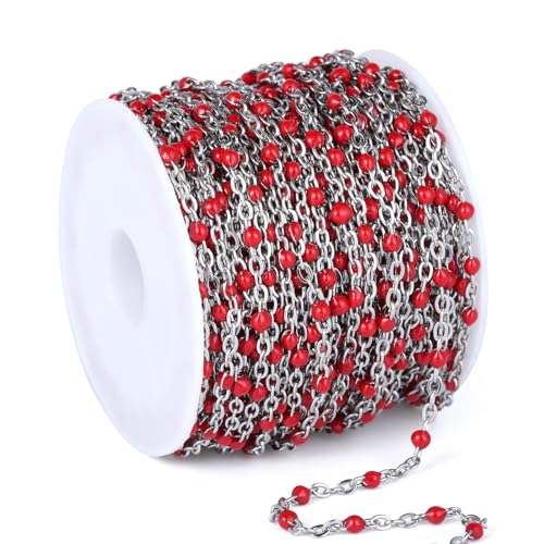 33 Feet Stainless Steel Enamel Chains Bulk, 2mm 304 Stainless Steel Red Enamel Beaded Cable Link Chain Roll Spool for Jewelry Making - color: Stainless Steel Red Beads