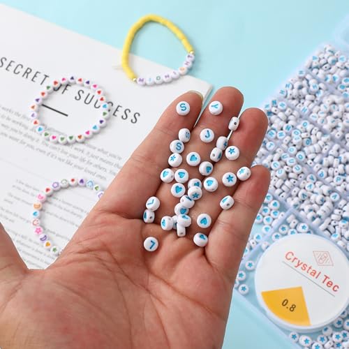 Acrylic Letter Beads 4mm Flat Round, 6mm Square - Beads for Making Friendship Bracelet or Necklace (26 Pieces of Flat Round White with Blue) - color: 26 pieces of flat round white with blue