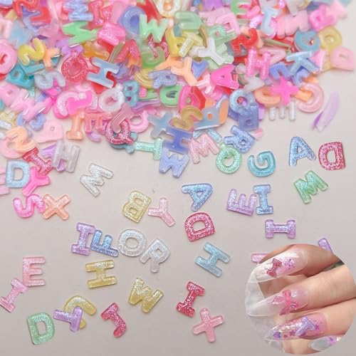 300 Pcs Letter Nail Art Charms, CYHYII 3D Mixed Candy Colorful Letter Resin Nail Rhinestones Shiny Glitter Nail Gems DIY Manicure Nail Decoration Accessories for Women Girls - color: 300p letter charm