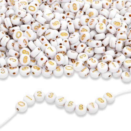 LAIDANLA 1000PCS Acrylic Number Beads Gold Number White Round Bead 7×4mm for Jewelry Bracelets Necklaces Key Chains Making - color: U-Gold Number White Beads