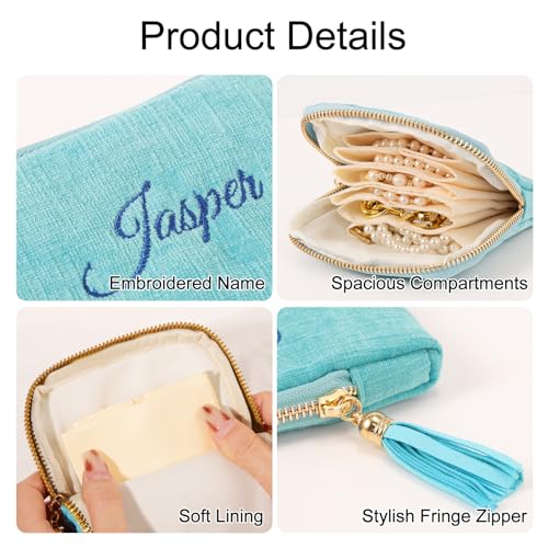 Mothers Day Gifts Personalized Travel Jewelry Case with Embroidered Name,Custom Small Jewelry Pouch Velvet Jewelry Organizer Storage Bag for Bracelet Rings Earring - color: Light Blue