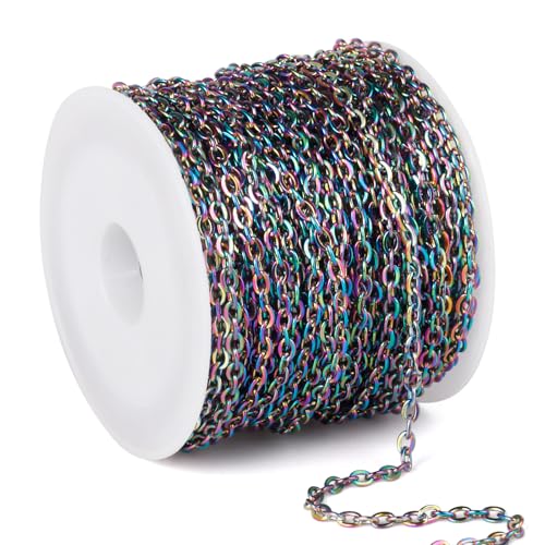 33 Feet Colorful Stainless Steel Cable Chains Bulk, 2.5 mm 304 Stainless Steel Multi Color Flat Cable Links Chain Roll Spool for Jewelry Making DIY Craft - color: Colorful, size: 2.5mm width