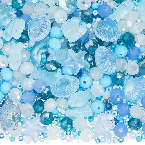 SUNNYCLUE 1 Box About 295pcs Summer Beading Kit Glass Turtle Bead Light Sky Blue Clear Hawaii Beach Ocean Animal Life Fish Starfish Turtle Seashell Spacers for Jewelry Making Beading Kits Adulting - style: Ocean 3