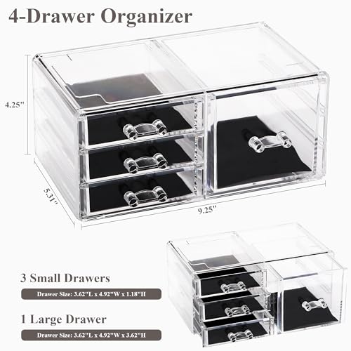 Sea Team Clear Makeup Organizer with Drawers, Acrylic Plastic Cosmetic Display Case, Jewelry Storage Box, Holder for Dresser, Bathroom, Vanity, Countertop (1 Large, 3 Small Drawers) - size: 1 Large, 3 Small Drawers
