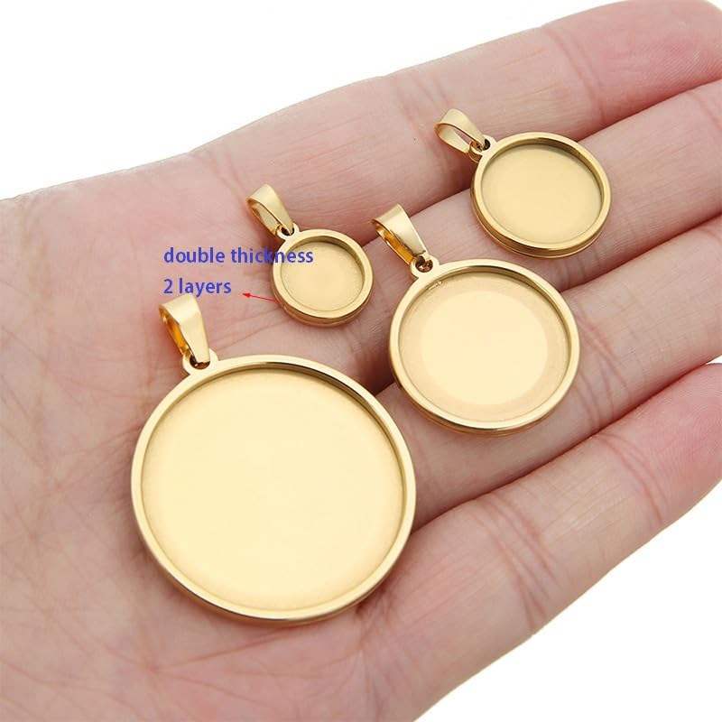 10pcs stainess steel cabochon base setting 20mm 25mm 30mm round cameo pendant trays diy jewelry blank bezel for necklace making (30mm gold) - size: 30mm Gold