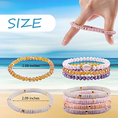 Ornaland 7Pcs Handmade Polymer Clay Heishi Surfer Stretch Bracelets Set Colorful Glass Beads Bracelets Boho Stackable Preppy Bracelets Wrist Jewelry for Women - color: Grayish Yellow
