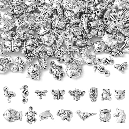 DanLingJewelry 150Pcs Mixed Styles Antique Silver Animal Spacer Beads Tibetan Style Bear Owl Cat Fish Beads for Bracelet Jewelry Craft Making - color: 150pcs - animal - 15 styles