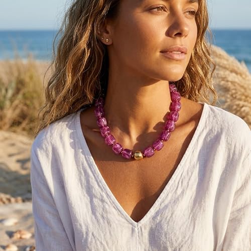 Mchic Colorful Beaded Choker Necklace for Women: Boho Large Square Acrylic Beaded Necklace Stainless Steel Adjustable Surfer Beach Strand Necklaces Summer Handmade Jewelry Gift for Women - color: Purple