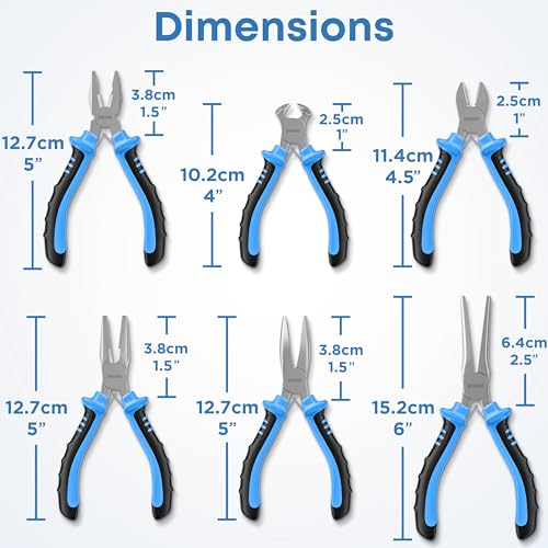 E•Werk - 6-Pc Mini Pliers Set - Linesman, Long Nose, Needle Nose, Bent Nose, Diagonal Cutting & Wire Cutters - Electrician Tool Kit w/Small Pouch - Use for Jewelry Craft & Electronic Repairs