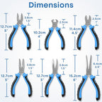 E•Werk - 6-Pc Mini Pliers Set - Linesman, Long Nose, Needle Nose, Bent Nose, Diagonal Cutting & Wire Cutters - Electrician Tool Kit w/Small Pouch - Use for Jewelry Craft & Electronic Repairs