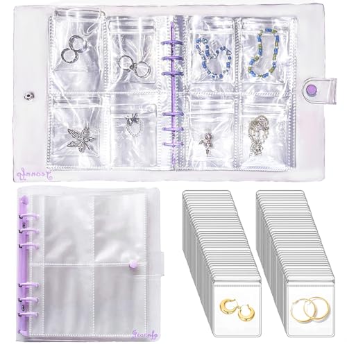 Travel Jewelry Organizer Book, High Capacity Clear Jewelry Storage Book with Portable Thick PVC Pouches,Jewelry Organizer Bags for Earrings Necklace and Rings - color: Clear Purple/60 PVC Small Pouches