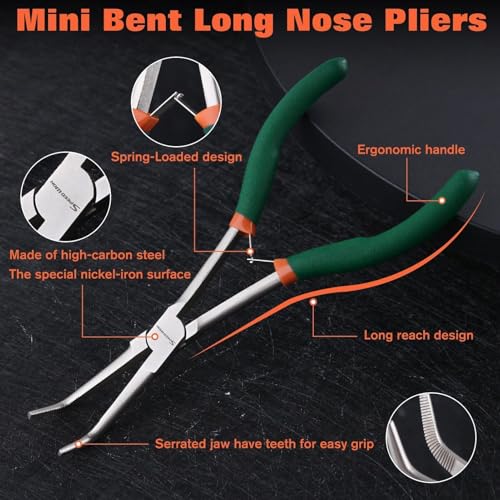 SPEEDWOX Mini Long Nose Pliers with Serrated Jaw - Long Reach Needle Nose Pliers for Jewelry Making, Bending Wire & Small Object Gripping - style: Bent Long Nose Pliers Serrated Jaws