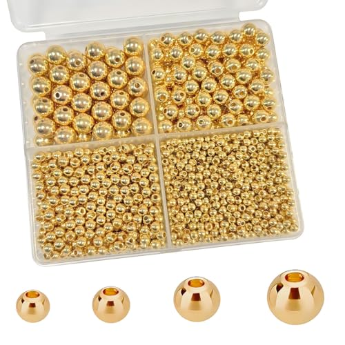 1680pcs Gold Round Spacer Beads 3/4/6/8mm 4 Size Smooth Ball Beads for Jewelry Making Metal Circle Bead for Bracelet Necklace Earring Making Supply - color: Gold