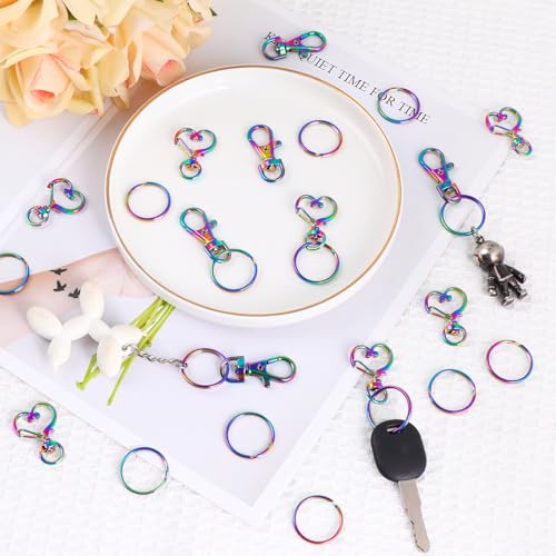 Rainbow Swivel Clasps Lanyard Snap Hook with Split Key Rings 40 PCS- Heart Snap Hook for Lanyard Keychain Purse Handbag Jewelry Making DIY Bag Pendant Craft - color: Rainbow Clasps Keychain -20sets