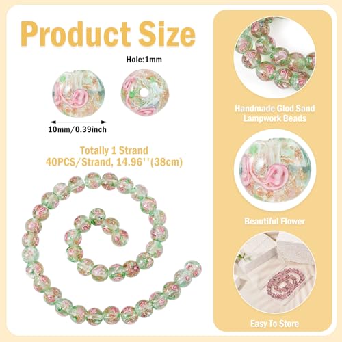 Elecrelive 40Pcs 10mm Flower Glass Beads Gold Sand Lampwork Beads Sea Green Floral Round Crystal for DIY Bracelet Necklace Earring Jewelry Making - color: Dark Sea Green