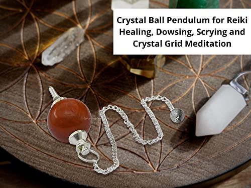 Amazing Gemstone Red Jasper Crystal Ball Pendulum for Divination - Dowsing Pendulum Necklace with Chain and Quartz Bead for Reiki Healing and Crystal Grid Meditation - color: Red Jasper