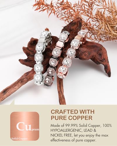 Feraco Pure Copper Bracelets for Women, 4X Ultra Strength Magnetic Bracelet with 3800 Gauss Neodymium Magnets & Dazzling Austrian Cut Crystals Stone, Adjustable Jewelry Gift - style: Radiant Square Shine - Copper