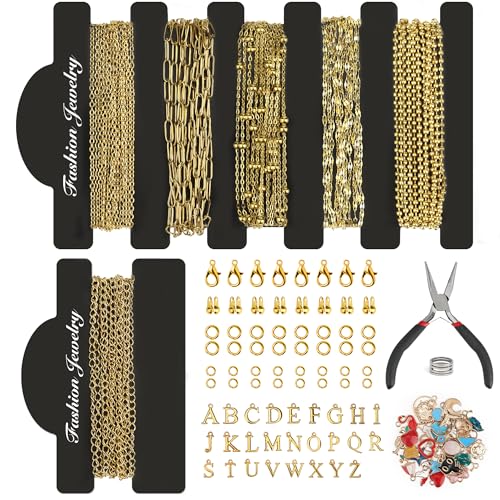 18k Gold Plated Stainless Steel Jewelry Chains Kit 39.3FT 6 Rolls Bulk (6.5FT/2M) with Letter Pendants, Colorful Charms, Pliers, Jump Rings, Lobster Clasps for DIY Necklace Bracelet Making - color: 18k Gold Plated-39.3Ft 6 Rolls