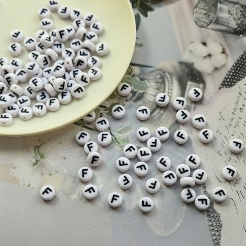 Amaney Letter Beads F 100pcs 7x4mm White Round Acrylic Black Alphabet for Bracelet Jewelry Making - color: F