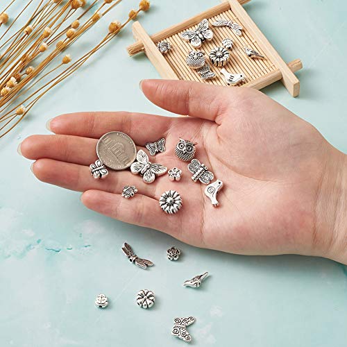 Beadthoven 150pcs/box Tibetan Silver Butterfly Flower Spacer Beads Owl Bird Dragonfly Bees Loose Beads Charms with 1-2mm Hole for Jewelry Crafts Making - color: Antique Silver-Butterfly-15 Style