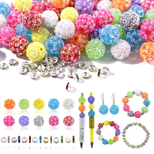 16mm Beads for Pens - 30 Pcs Rhinestone Beads and 220 Pcs Spacer Bead for Beadable Pens - Snowflake Glitter Bubblegum Bling Focal Bead for Bracelets - Beaded Pen Supplies (Colorful) - color: B-Multicolor, size: 16mm