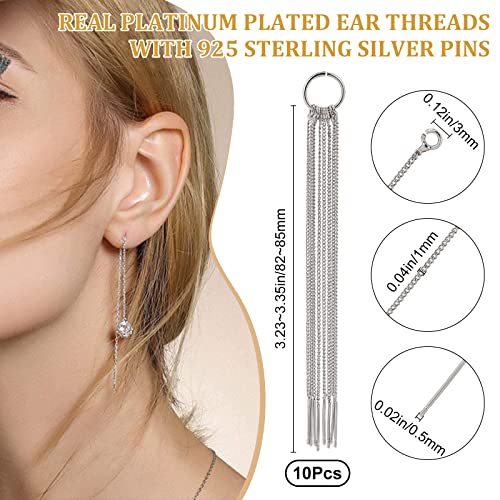 Beebeecraft 1 Box 10Pcs Platinum Plated Threader Earrings with 925 Sterling Silver Pins Pull Through Threaded Long Chain Drop Tassel with Loop 3.34inch - color: Platinum Color, size: 85mm