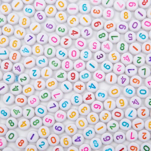 1000Pcs Acrylic Number Beads Round Number Round Beads 4x7mm Mixed Number Beads, for Jewelry Bracelets Necklaces Key Chains Making (White Colorful) - color: White Colorful