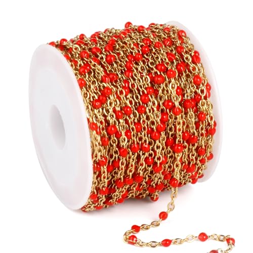 33 Feet Gold Enamel Chains Bulk, 2mm 18K Gold PVD Plated 304 Stainless Steel Red Enamel Beaded Cable Link Chain Roll Spool for Jewelry Making - color: Gold Red Beads