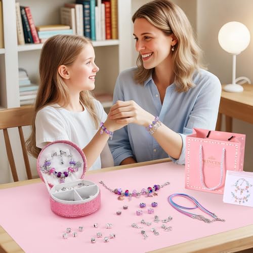 Emibele Girls Charm Beads Bracelet Making Kit with Portable Jewelry Box, Jewelry Making Kit for Kids Age 5 6 7 8-12, DIY Arts Crafts Toys for Teens Girls Gift Choices on Birthday Valentines Christmas - color: B-Purple