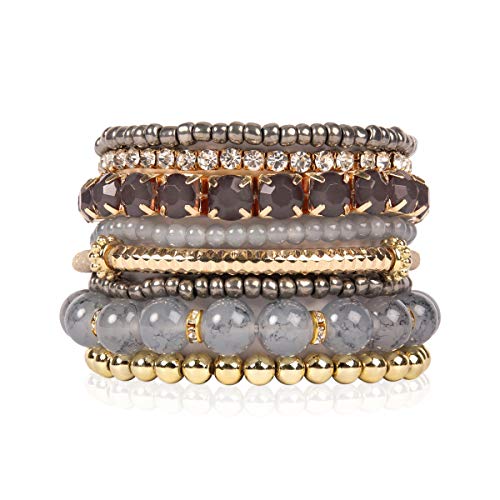 RIAH FASHION Multi Color Stretch Beaded Stackable Bracelets - Layering Bead Strand Statement Wrap Bangles - color: Original - Grey, size: 7.0 Inches Length