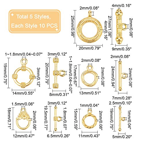 PH PandaHall 50 Sets 14K Gold Toggle Clasps, Flower Ring T-Bar Jewelry Clasps Tibetan Style Closure Gold Filled Clasp for Necklace Bracelet Jewelry Making DIY Craft, 5 Styles