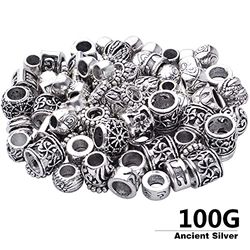 BronaGrand 100g Antique Silver Column, Tube, Barrel, Round Spacer Beads, Large Hole, Zinc Alloy, 4mm-30mm, DIY Jewelry Making Supplies - color: Antique Silver