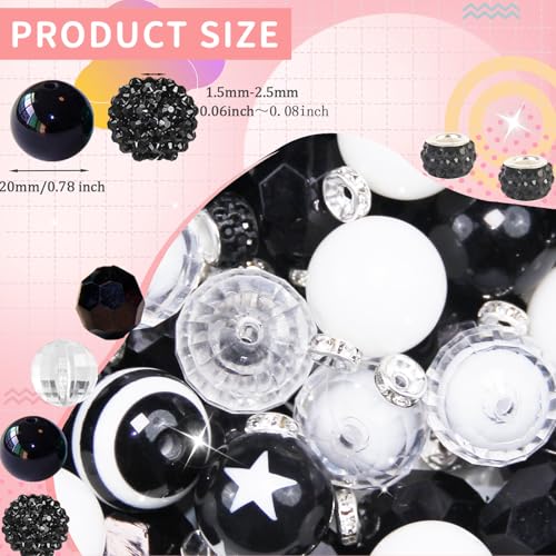 106 Pcs 20mm Beads for Pens Making with Rondelle Spacer Beads Black White Acrylic Focal Bubblegum Bead Crystal Round Sparkly Chunky Bead for Pens Beadable Keychain DIY Craft Jewelry Making Supplies - color: Black White