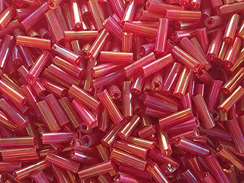 Czech Bugle Beads 40 gr / 1.4 oz Glass Tube Size #3 7mm (Red Iridescent) - color: Red Iridescent