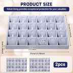 2 Pcs 24 Grid Stackable Jewelry Organizer Tray with Removable Dividers Ice Velvet Jewelry Display Showcase Tray for Necklace Earring Ring Bracelet Holder(Grey Velvet) - color: Grey Velvet