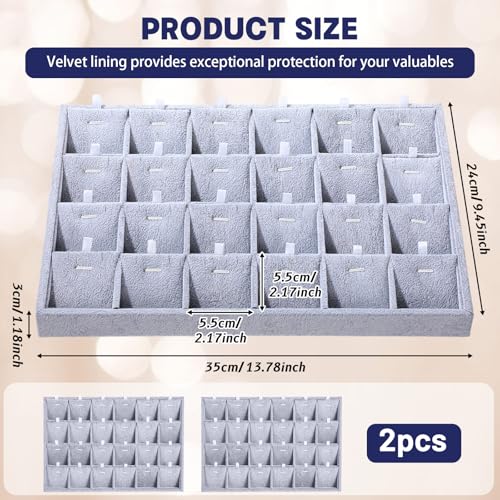 2 Pcs 24 Grid Stackable Jewelry Organizer Tray with Removable Dividers Ice Velvet Jewelry Display Showcase Tray for Necklace Earring Ring Bracelet Holder(Grey Velvet) - color: Grey Velvet