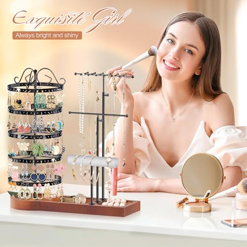 KALYLOC Jewelry Earring Holder Organizer, Adjustable 5 Tiers Rotating Earring Holder 3 Tier Necklace Holder with Wooden Base, Multi-Functional Jewelry Organizer Display Stand for Studs Bracelet Women - color: Black