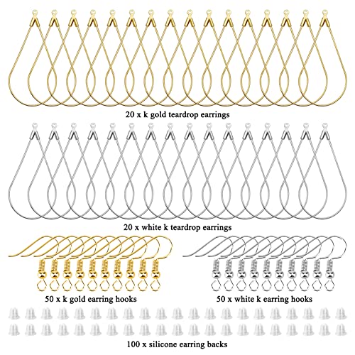 240PCS Earrings Beading Hoop Teardrop Beading Earring Hoops Beading Hoop Earring Finding Components for DIY Jewelry Making 100PCS Earring Hooks 100pcs Silicone Earring Backs (K Gold, White K) - color: 240PCS;Teardrop;K Gold,White K