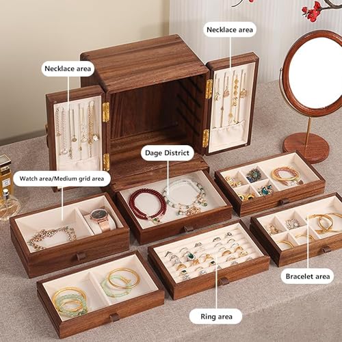 Wooden Jewelry Box for Women Jewelry Box With Drawers Walnut Wood (Walnut Wood with printing B) - color: Walnut Wood with printing B