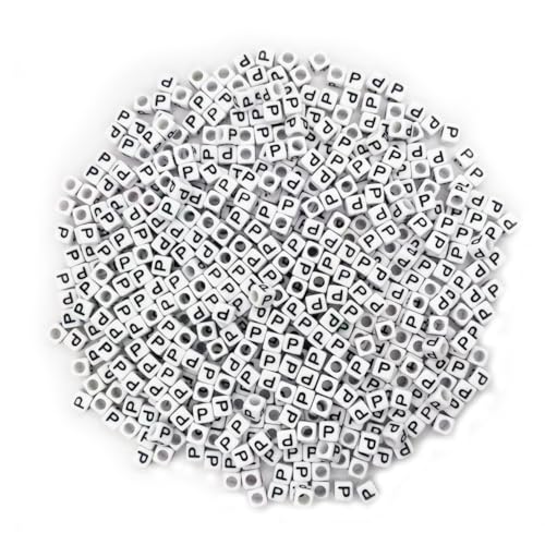 600PCS 6x6mm Square Acrylic Letter Beads P for Friendship Bracelets Jewelry Making, White Acrylic Cube Base with Black Alphabet Beads for DIY Crafts Bracelets Necklaces Key Chains Phone Lanyard - color: Letter P(Black on White)