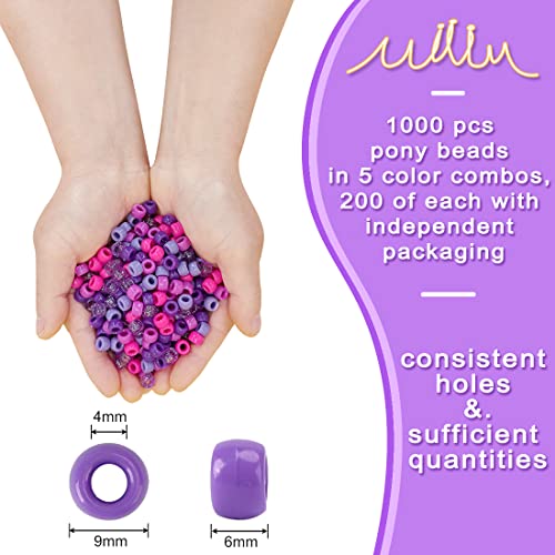 MIIIM 1000PCS 6x9mm Pony Beads Bulk, 5 Styles Purple for Bracelets Making Kit, Kandi, Hair for Braids, Craft for Jewelry Making (Purple) - color: Purple