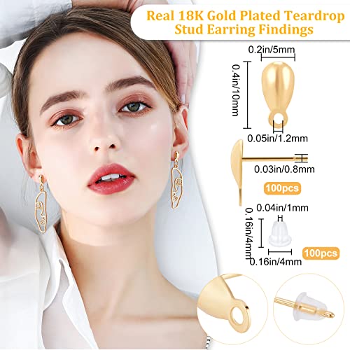Beebeecraft 100Pcs/Box 18K Gold Plated Earring Findings Teardrop Posts Stud Earrings Components with Loop and 100Pcs Plastic Earring Backs for DIY Earring Jewelry Making - color: Gold