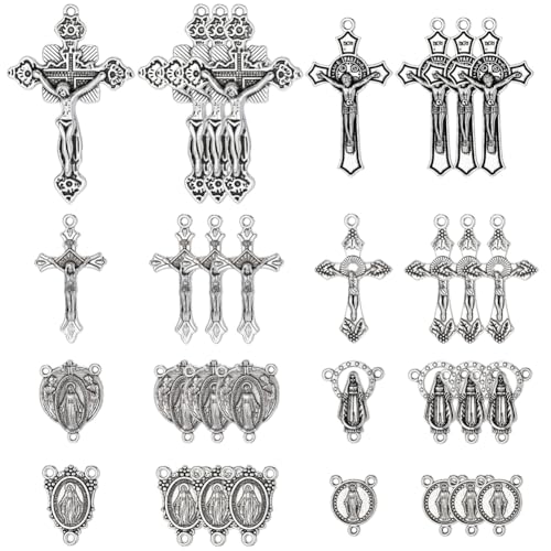 SUNNYCLUE 1 Box 48Pcs Rosary Charm Cross Charms Antique Silver Oval Chandelier Component Links Easter Tibetan Style Alloy Crosses Crucifix Pendants for Jewelry Making Necklace Bracelet Women DIY Craft - style: Rosary Charm 2