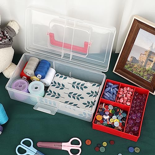 JUXYES Plastic Fishing Tackle Box Organizer with Removable Dividers, Clear Fishing Tackle Storage Boxes with Handle, 2 Layer Fishing Tackle Tray Box Lure Box, Red - color: Red