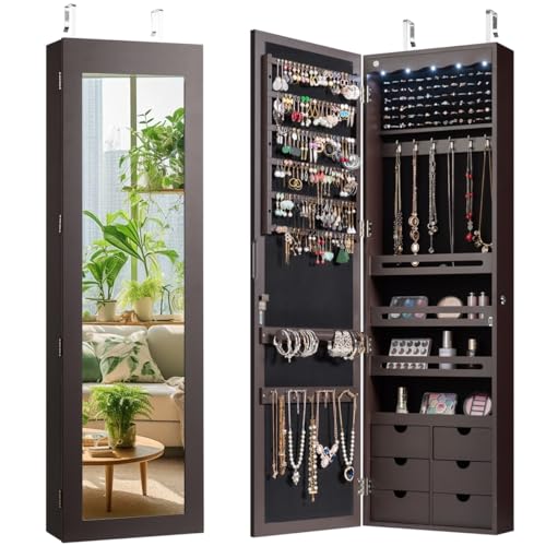 Giantex Wall Door Mounted Jewelry Cabinet with Full Length Mirror, Lockable Over Door Jewelry Armoire with LED Lights, 47.5" Large Jewelry Storage Organizer with 6 Drawers, Espresso - color: Espresso, size: 47.5'' (With Light)