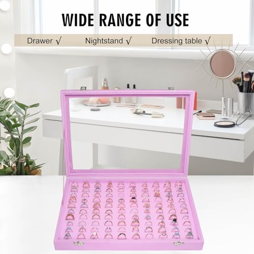Siveit Velvet Ring Display Tray Organizer Box with Transparent Lid, 100 Slot Ring Holder Showcase For Store Display Jewelry Show Home, Pink - color: Pink