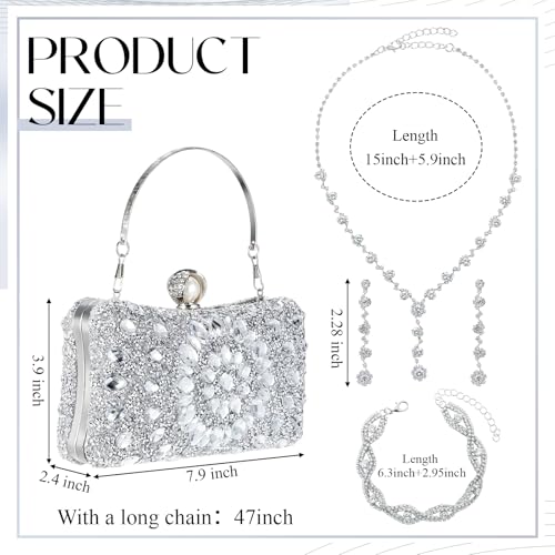 Quelay 4 Pcs Purse Rhinestone Jewelry Set Evening Clutch Bag Bling Crystal Necklace Dangle Earrings Bracelets Accessories - color: Silver, size: Groovy Style