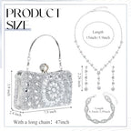 Quelay 4 Pcs Purse Rhinestone Jewelry Set Evening Clutch Bag Bling Crystal Necklace Dangle Earrings Bracelets Accessories - color: Silver, size: Groovy Style