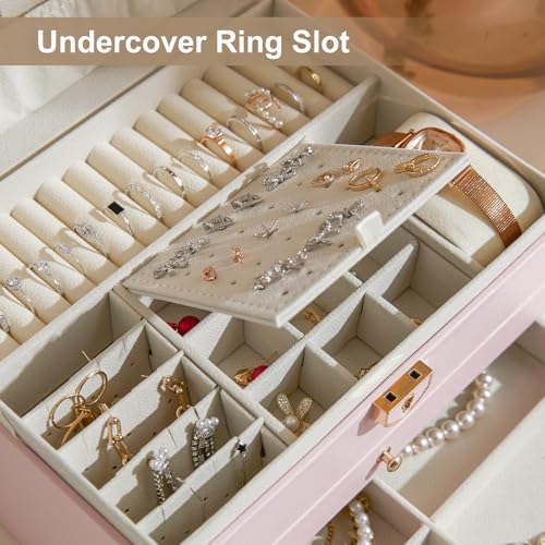 3 Layer Jewelry Box with Lock, Women Large Jewelry Holder Organizer with Drawer for Necklaces, Rings, Bracelets, Earrings, Watches, Valentines Gift for Mom Girl Wife,(Pink) - color: Pink